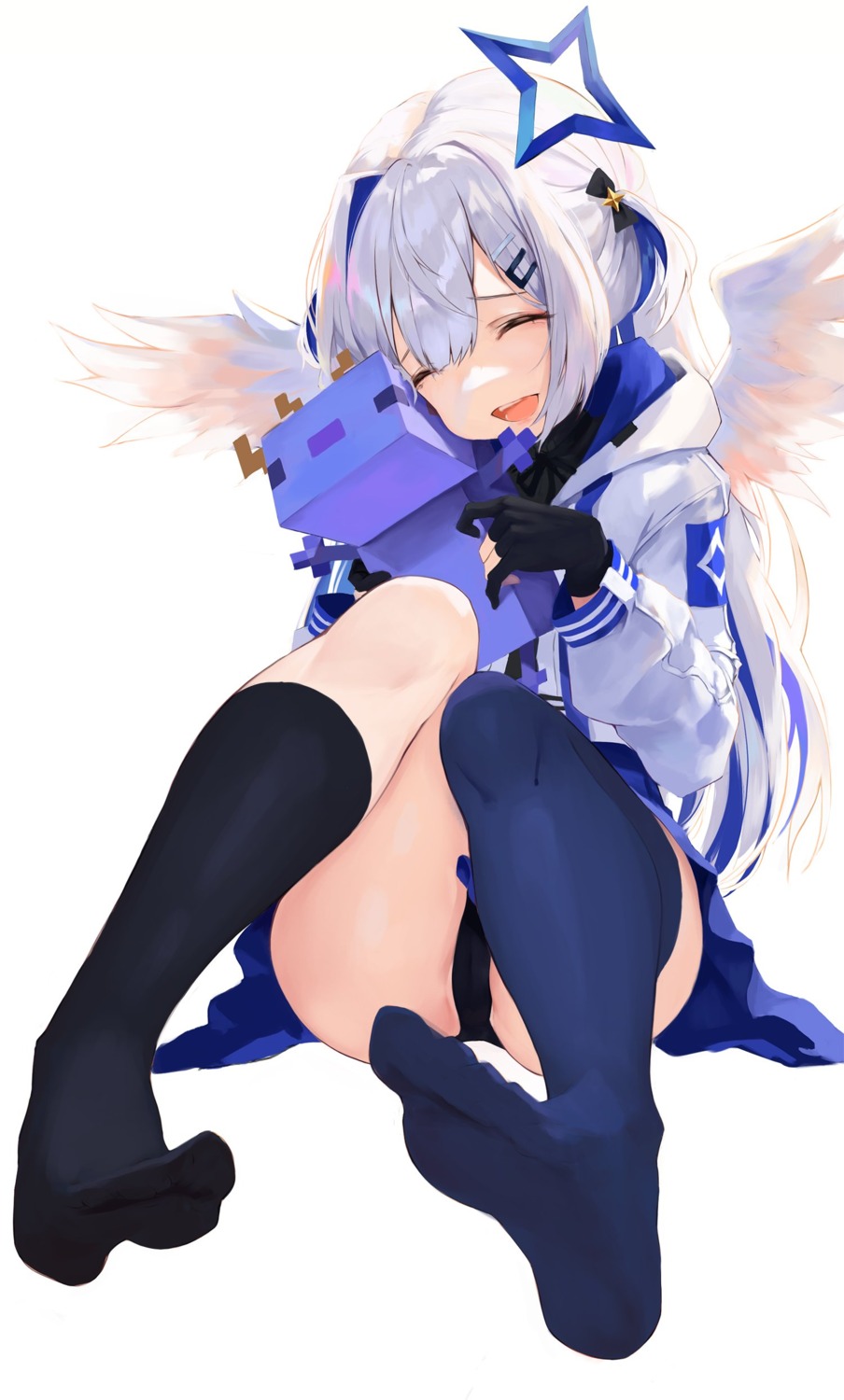 amane_kanata angel cameltoe feet hiki_niito hololive pantsu seifuku skirt_lift thighhighs wings