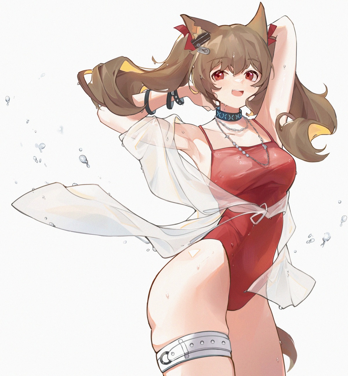 angelina_(arknights) animal_ears arknights dalimao garter see_through swimsuits tail wet