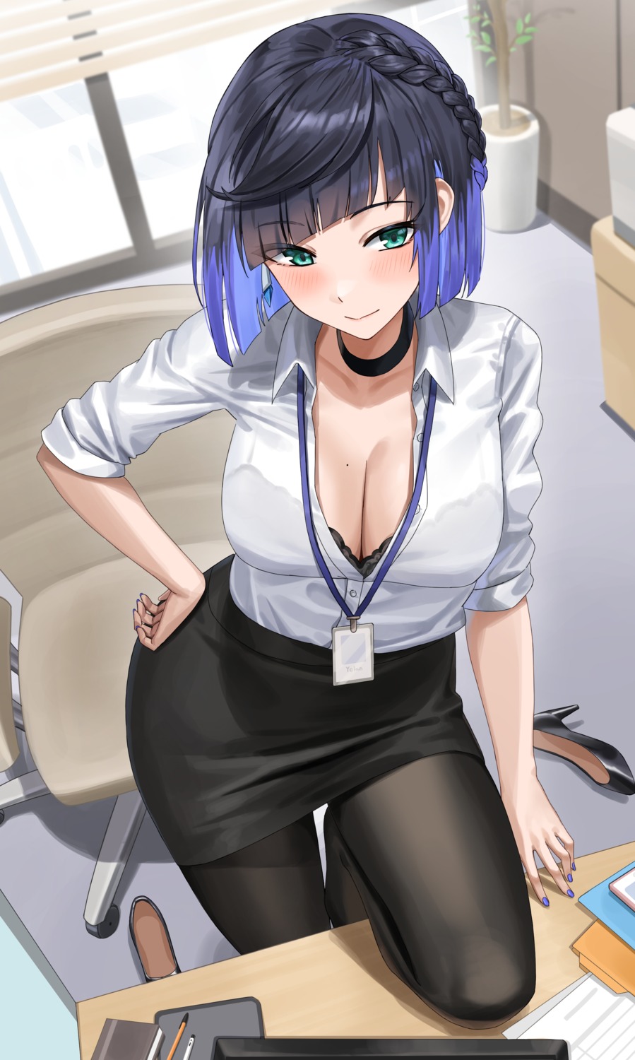 bra cleavage dress_shirt genshin_impact open_shirt pantyhose see_through shocho yelan