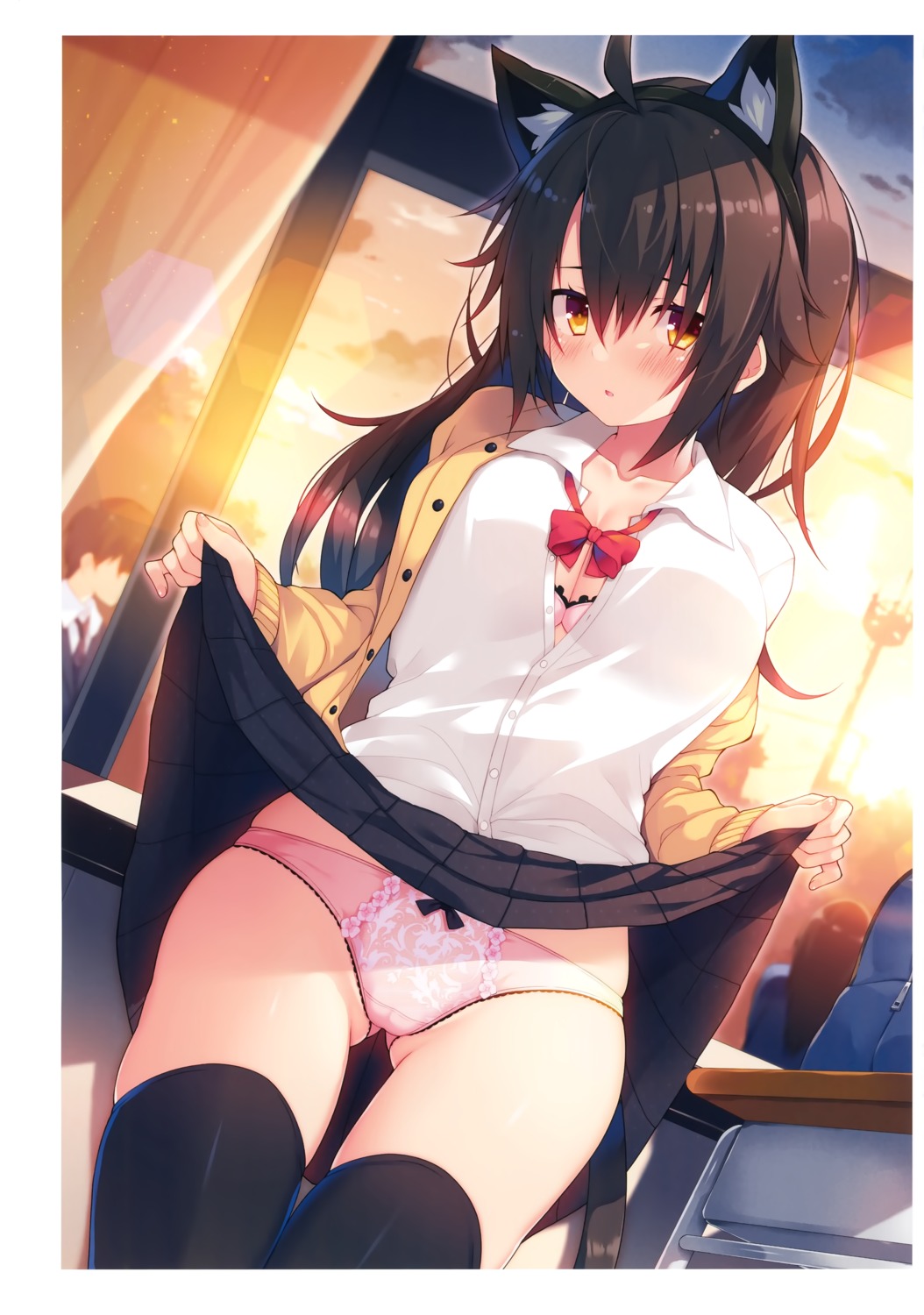 animal_ears bra cameltoe chiri_(atlanta) cleavage meina nekomimi open_shirt pantsu seifuku skirt_lift tail thighhighs