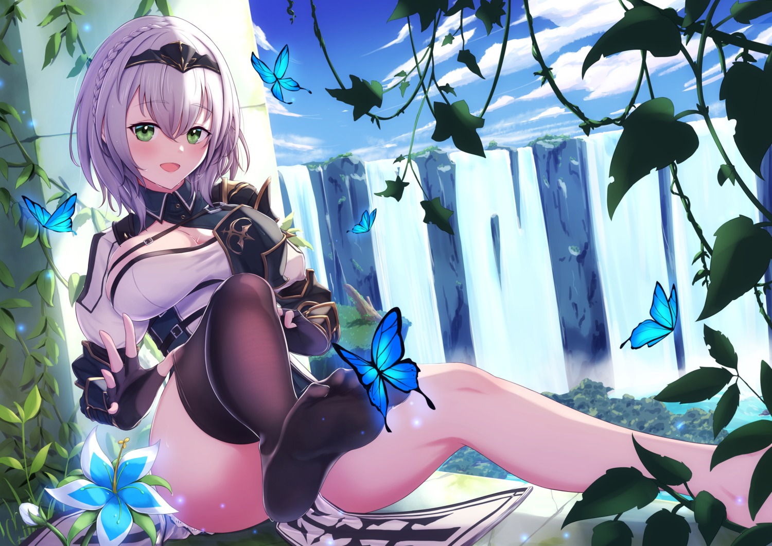 armor cleavage cocoablue23 feet hololive pantsu shirogane_noel thighhighs