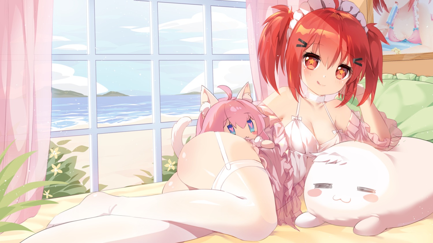 animal_ears chibi cleavage lingerie m.vv nopan skirt_lift stockings thighhighs vivian_(mvv)