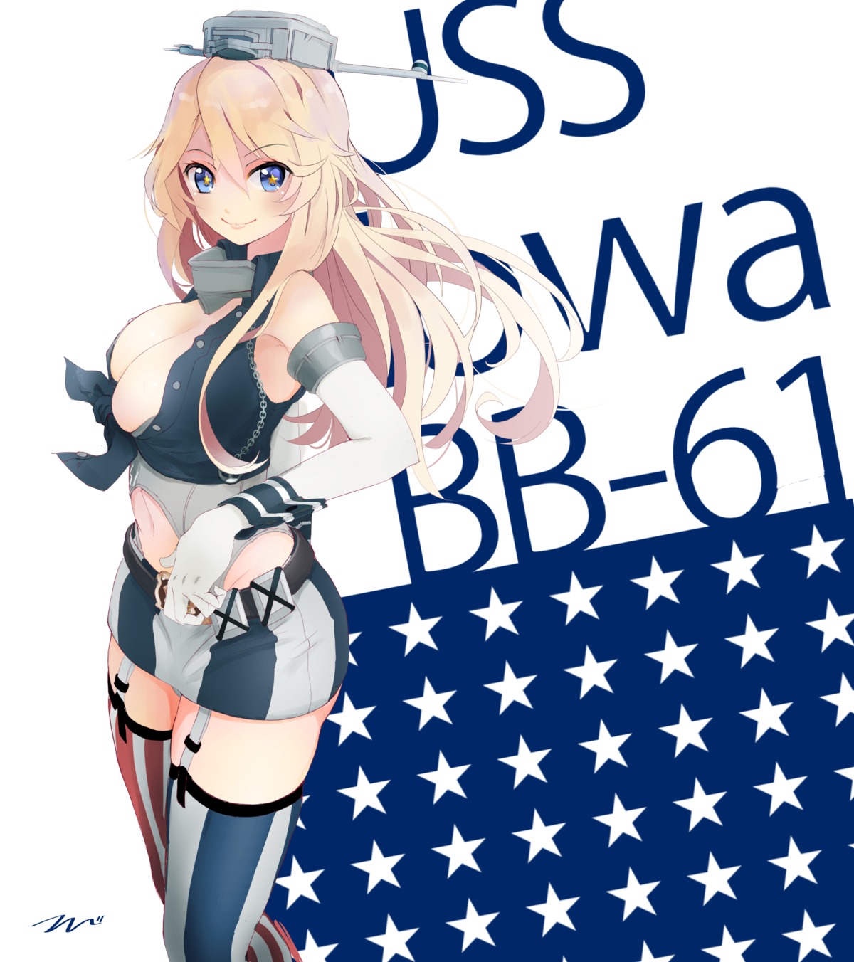 cleavage iowa_(kancolle) kantai_collection no_bra stockings tbd11 thighhighs