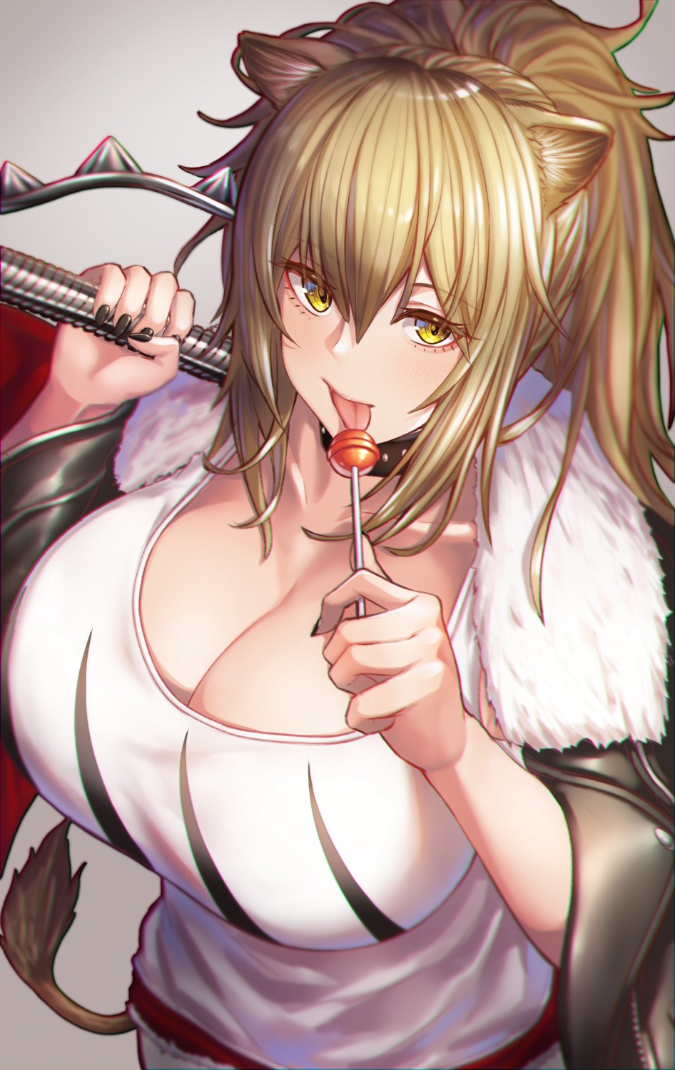animal_ears arknights cleavage siege_(arknights) tail takechii weapon