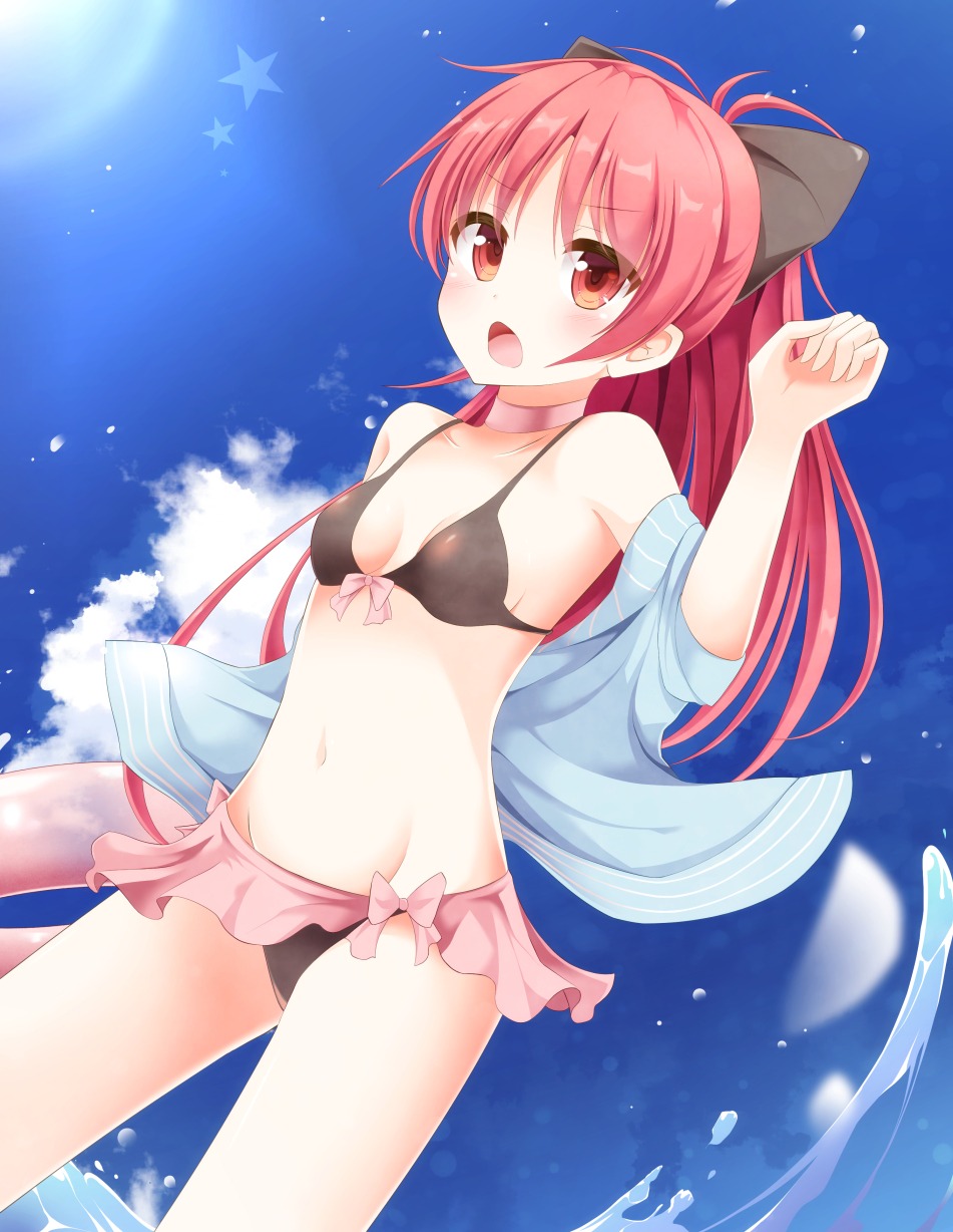 aibumi bikini mahou_shoujo_madoka_magica open_shirt sakura_kyouko swimsuits