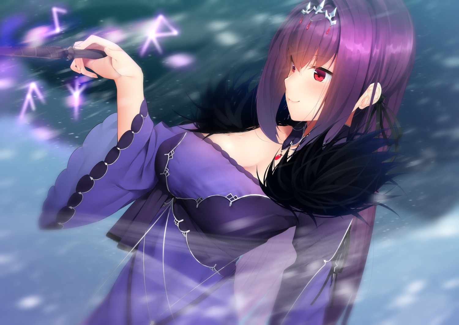 cleavage dress fate/grand_order nigo_(aozoragarou) scathach_(fate/grand_order) weapon