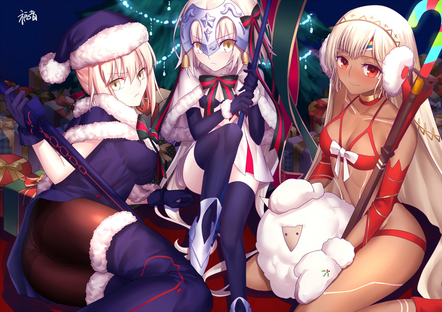 armor ass attila_(fate/grand_order) bikini bra christmas cleavage fate/grand_order gogatsu_fukuin jeanne_d'arc_alter_santa_lily pantsu pantyhose saber saber_alter swimsuits sword tattoo