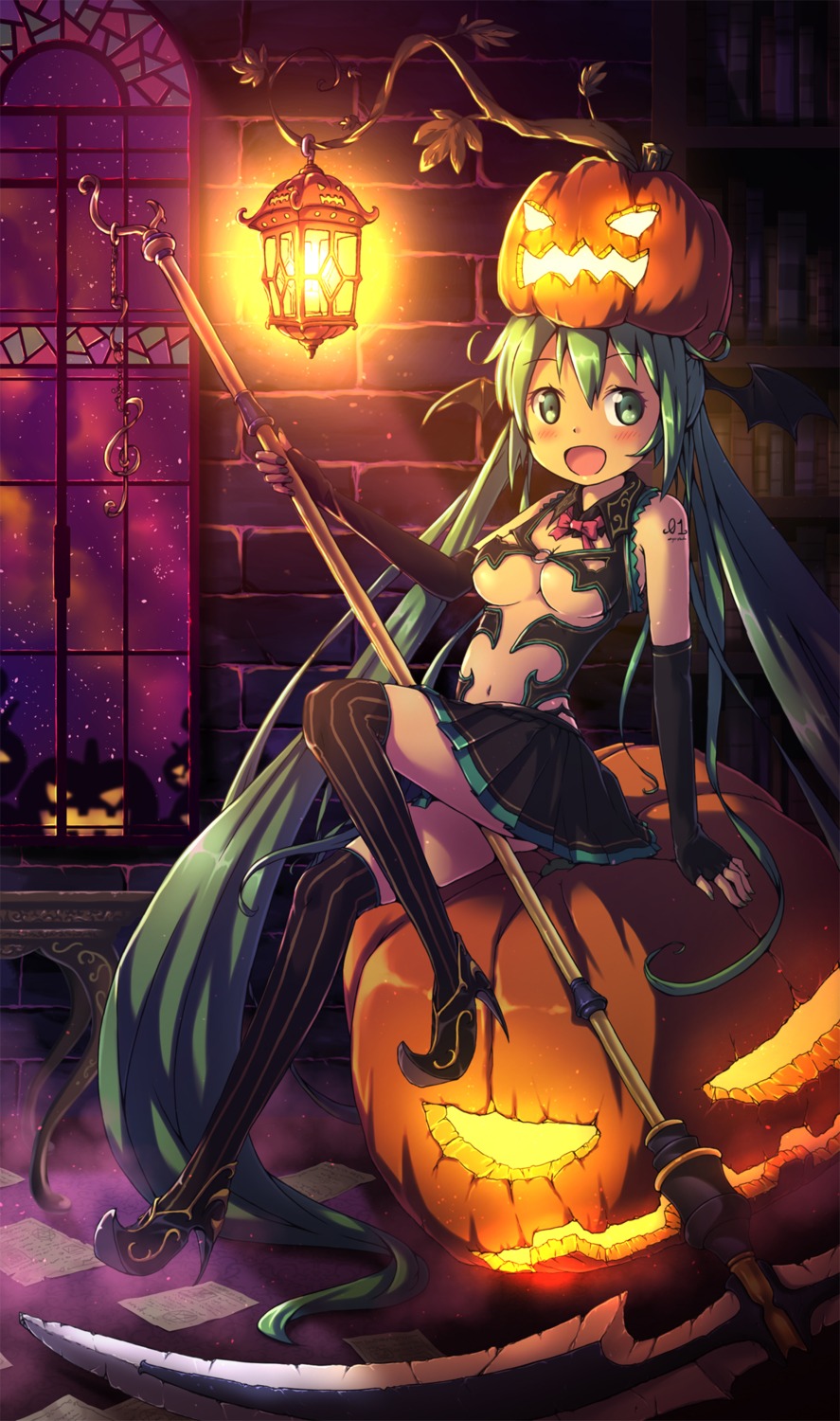 akisorapx halloween hatsune_miku heels no_bra tattoo thighhighs underboob vocaloid weapon