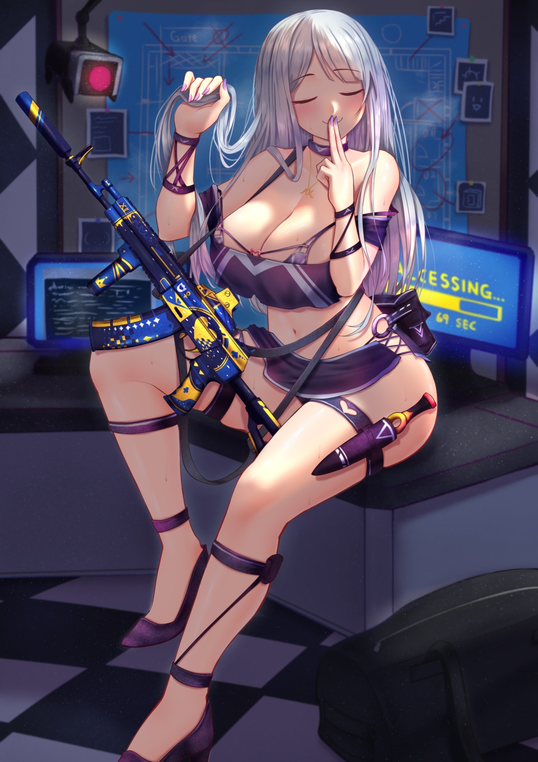 ak-12_(girls_frontline) bikini garter girls_frontline gun heels popoman skirt_lift swimsuits weapon