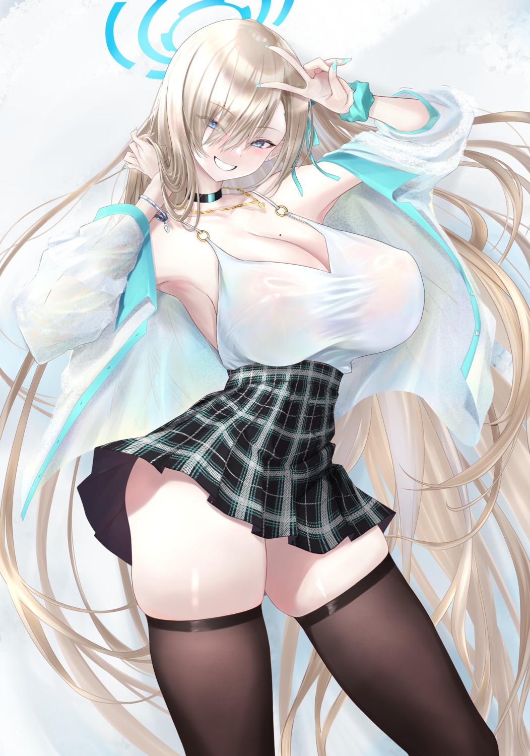 blue_archive halo ichinose_asuna no_bra noa_(skae3323) see_through skirt_lift thighhighs