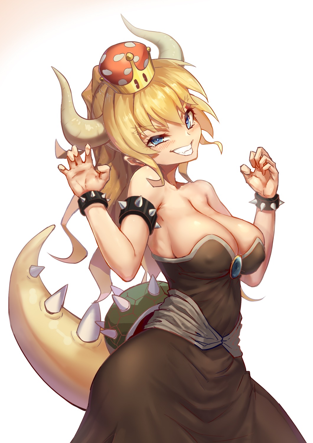 bowsette cleavage dress erect_nipples hei_huo_chong horns new_super_mario_bros._u_deluxe pointy_ears tail