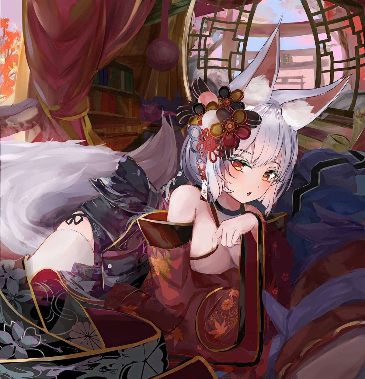 animal_ears japanese_clothes kitsune loli no_bra sencho_(whtv8535) tail thighhighs