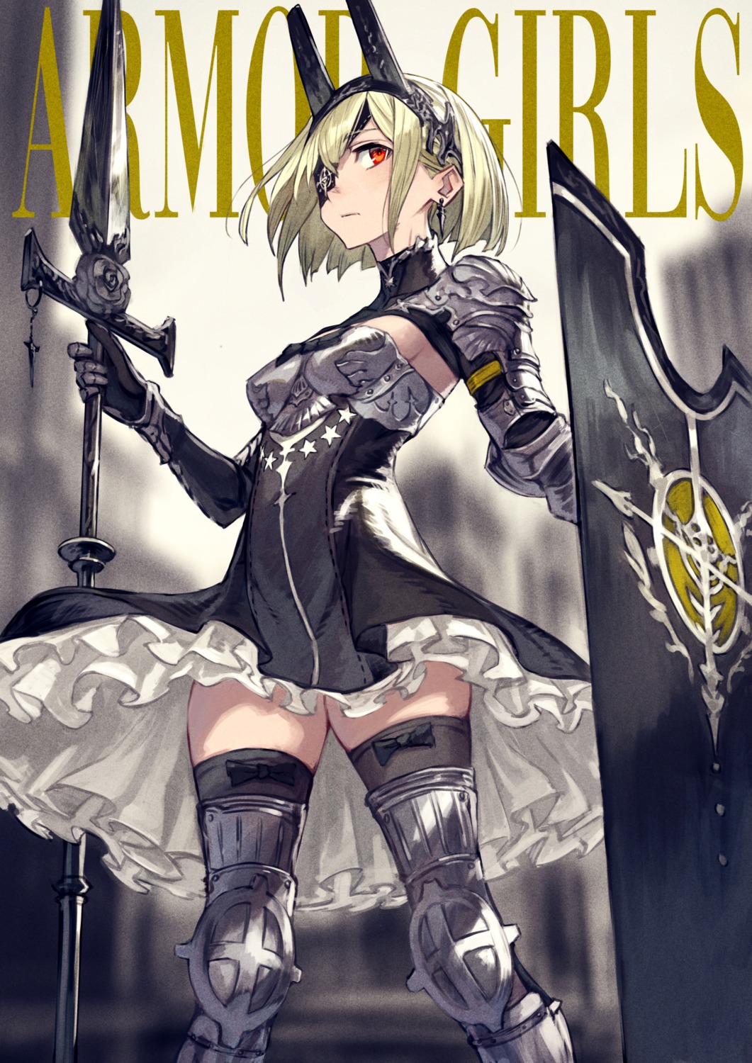 armor dress eyepatch kusano_shinta skirt_lift thighhighs weapon