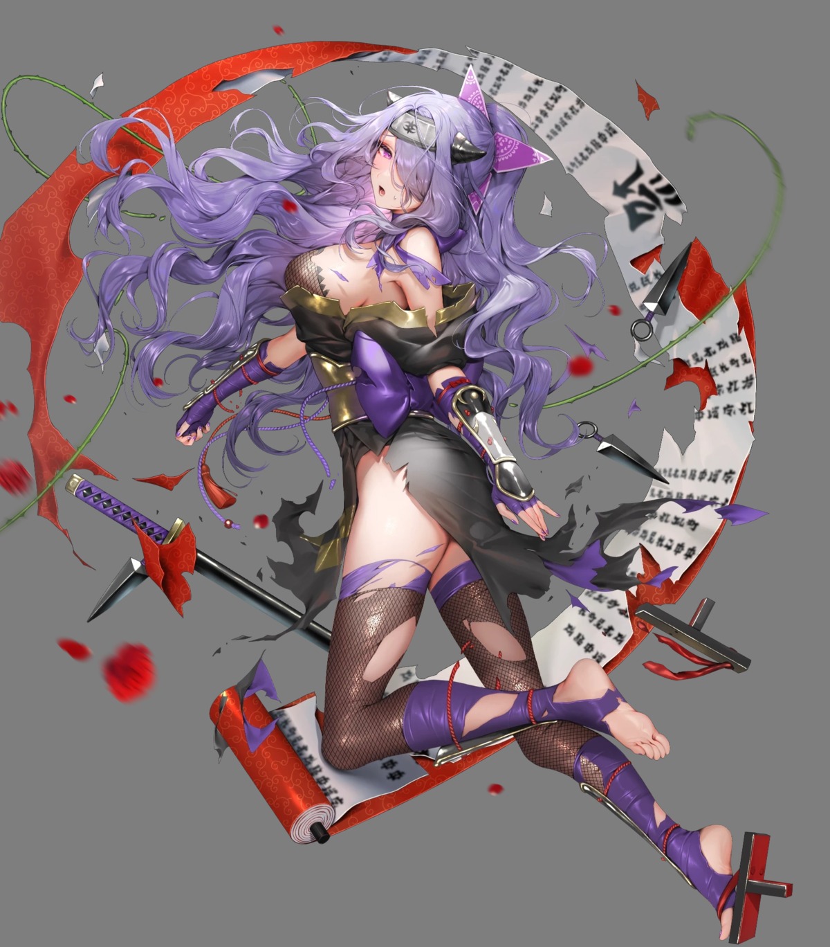 armor ass camilla fire_emblem fire_emblem_if fishnets horns ninja nintendo no_bra sencha senchat thighhighs torn_clothes weapon