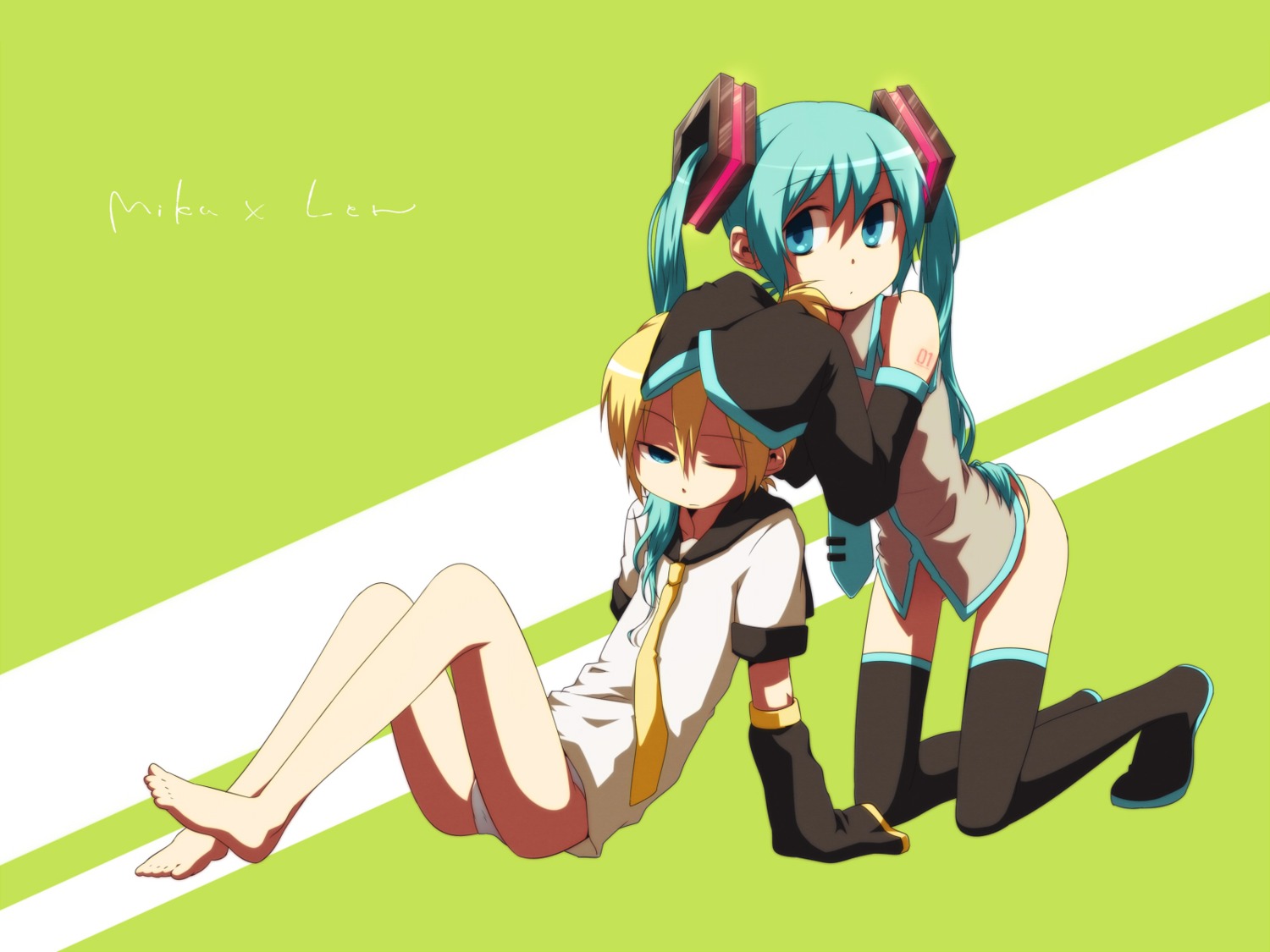 hatsune_miku hinata_(artist) kagamine_len pantsu thighhighs vocaloid wallpaper