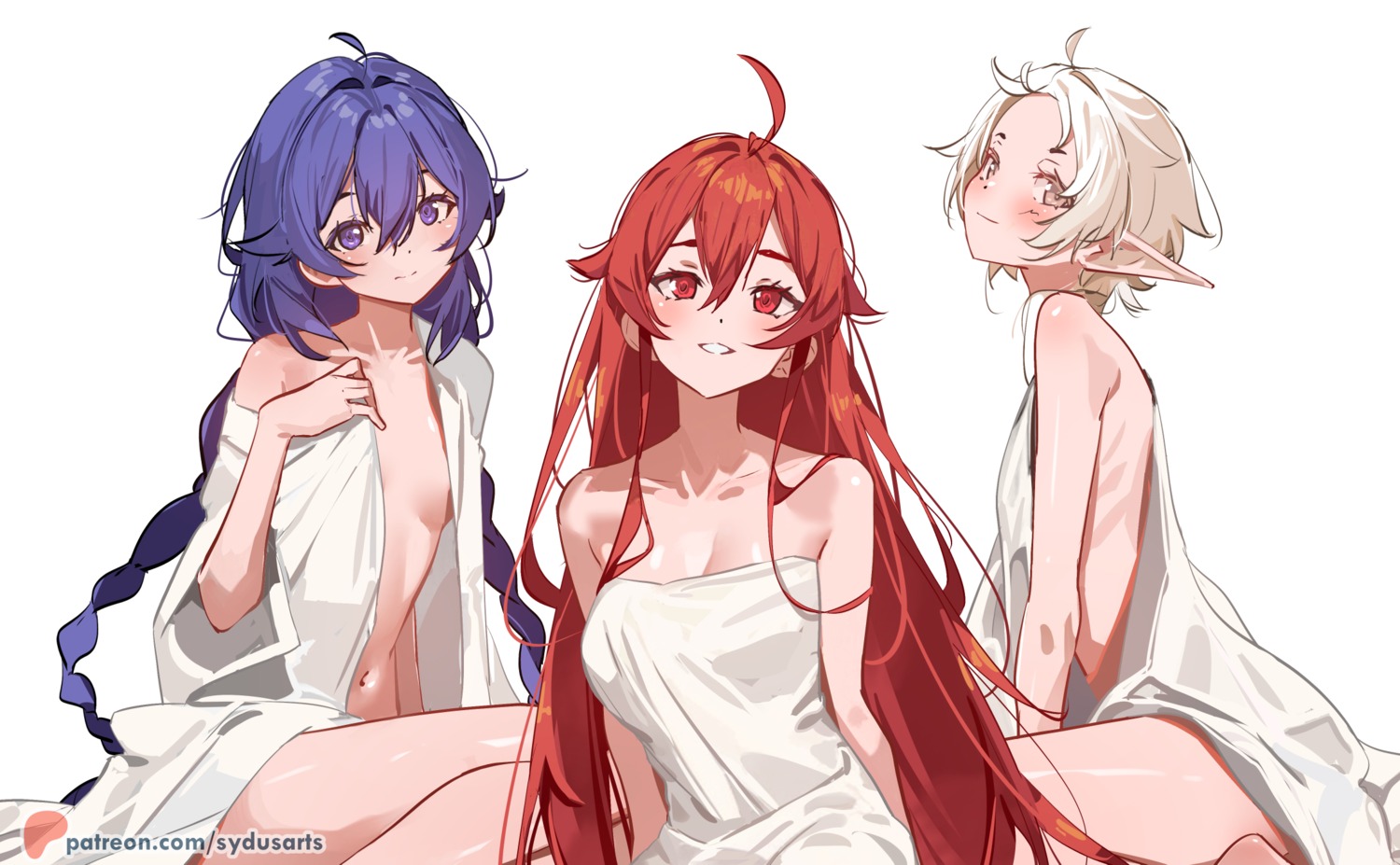 elf eris_boreas_greyrat mushoku_tensei no_bra open_shirt pointy_ears roxy_migurdia sydus sylphiette towel undressing