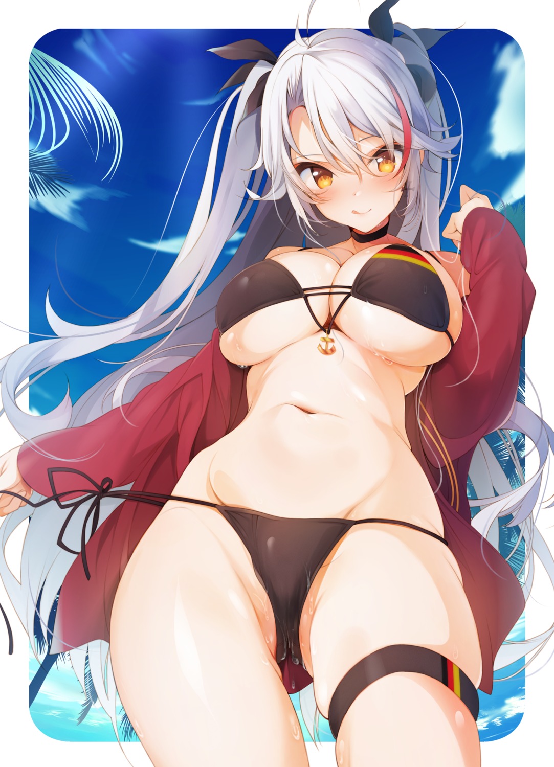 azur_lane bikini cameltoe cleavage garter prinz_eugen_(azur_lane) sushimekabu swimsuits underboob undressing wet