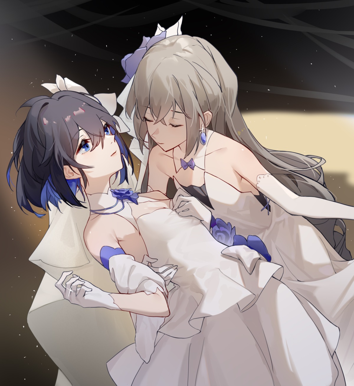 benghuai_xueyuan bronya_zaychik dress honkai_impact kuo_(kuo114514) no_bra seele_vollerei skirt_lift yuri