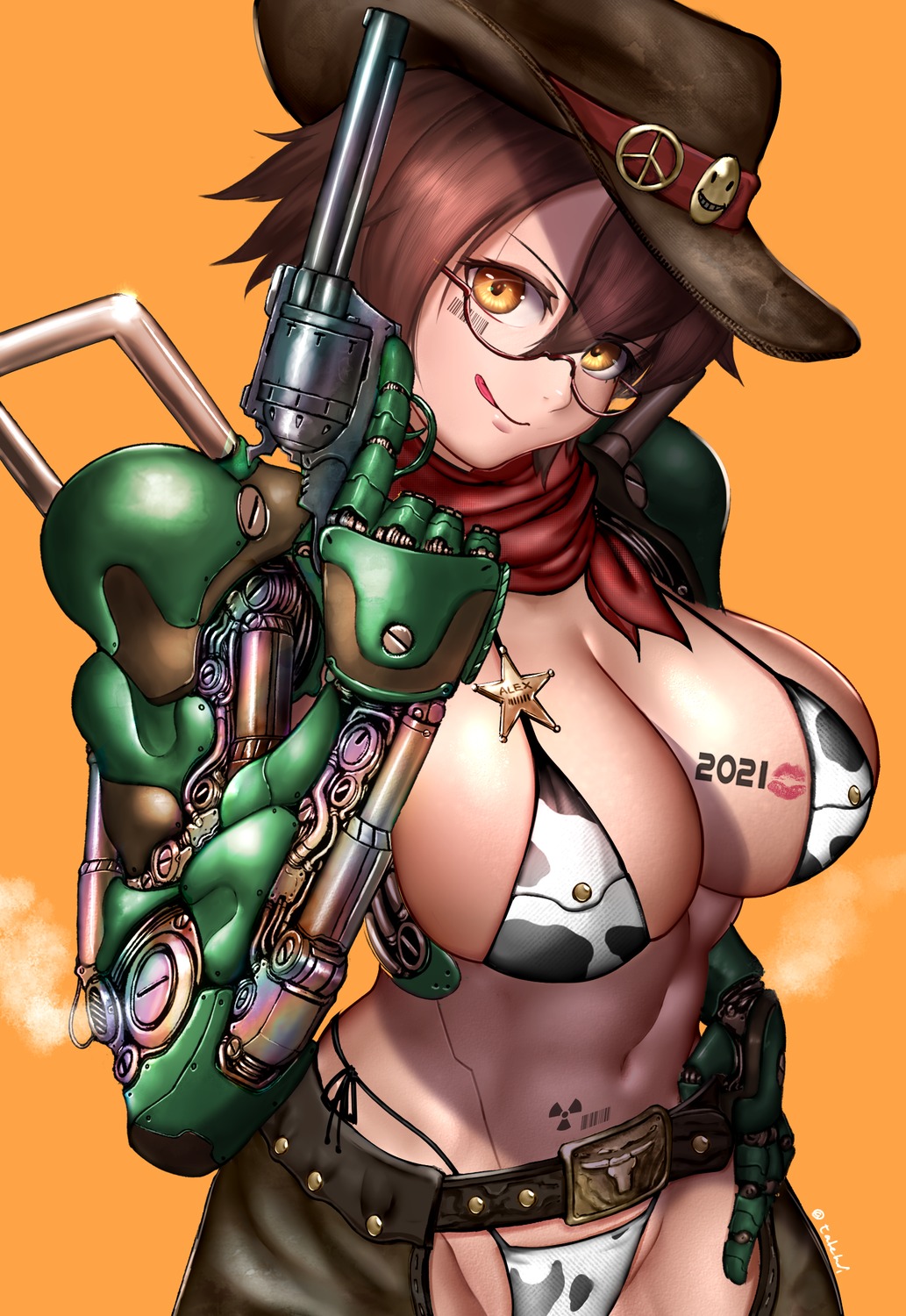 bikini gun mecha_musume megane swimsuits takefu_jiin tattoo