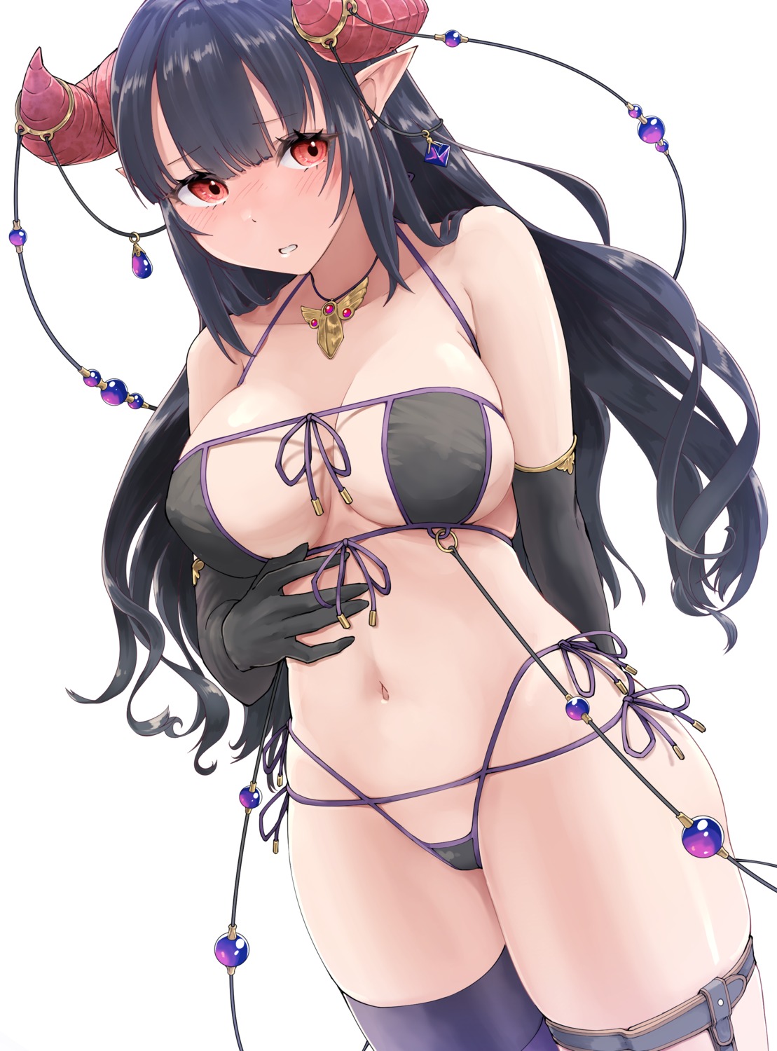 bikini garter horns kanji_(white7night) pointy_ears swimsuits thighhighs