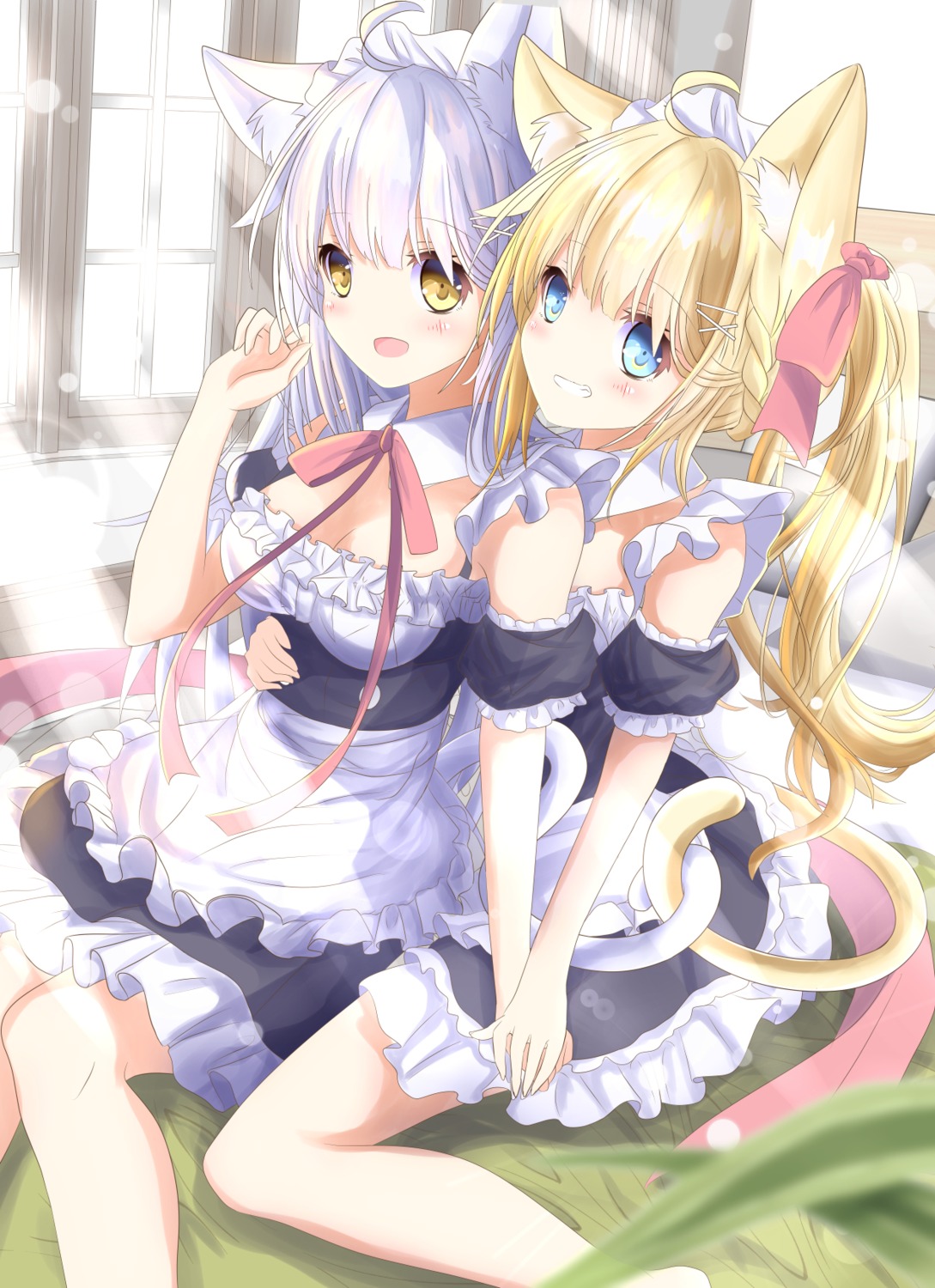 animal_ears aruka_(alka_p1) cleavage maid nekomimi tail yuri