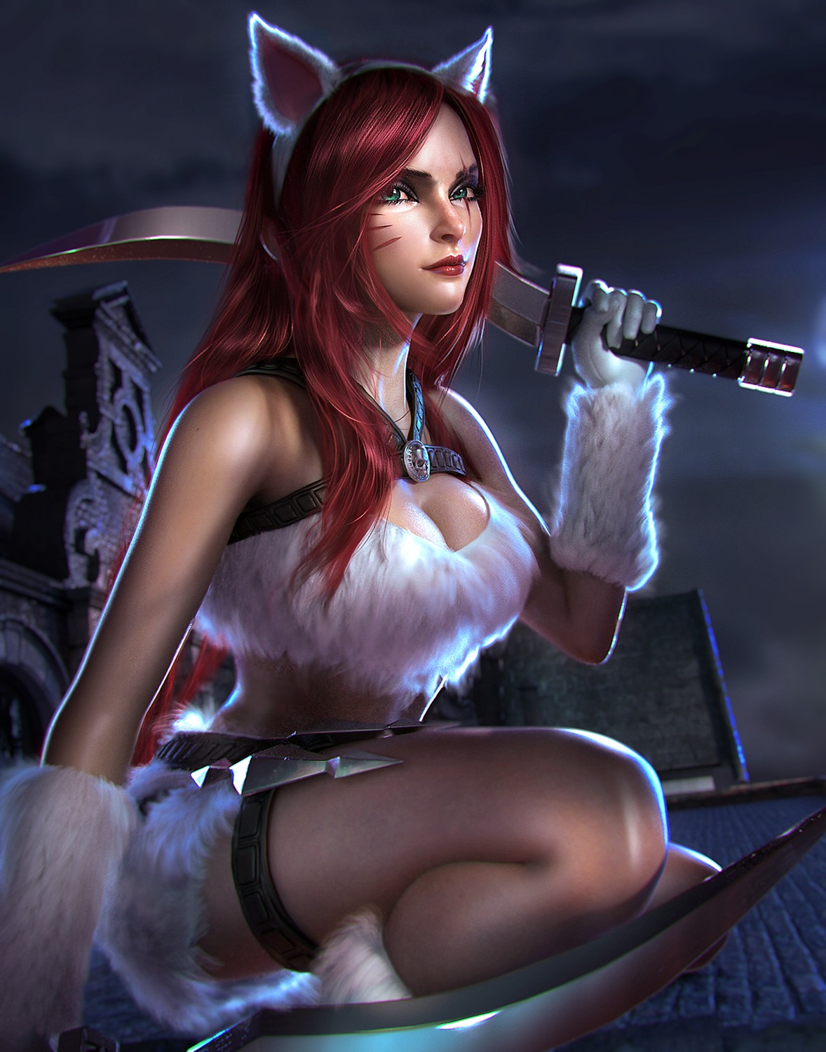 animal_ears cleavage garter katarina_du_couteau league_of_legends sevenbees tail weapon
