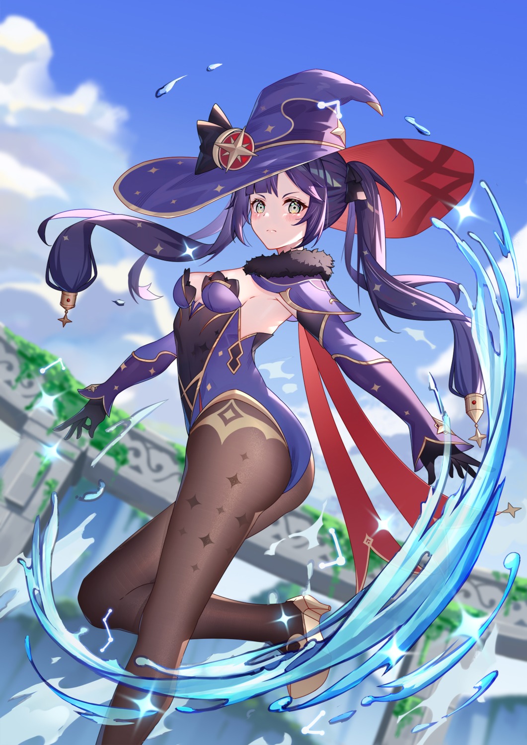 94_(644534209) artist_revision ass genshin_impact heels leotard mona_megistus no_bra pantyhose witch