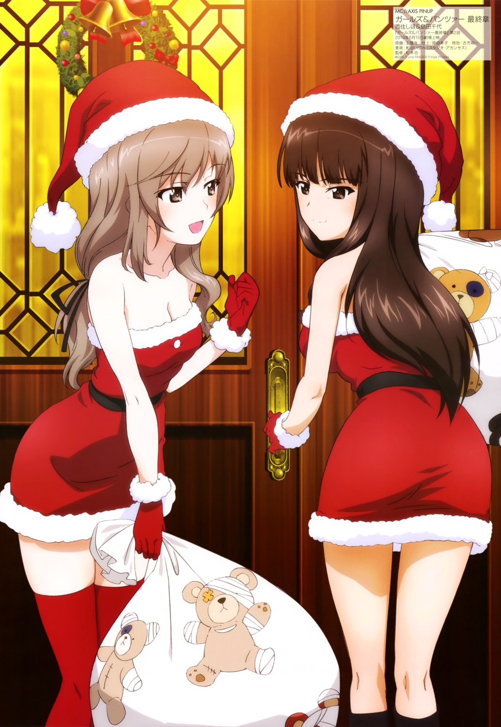 christmas cleavage dress girls_und_panzer nishizumi_shiho shimada_chiyo thighhighs wang_guo_nian