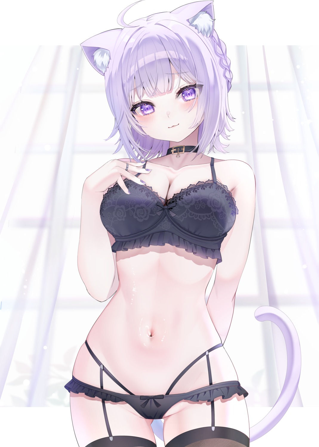 animal_ears bra cleavage hololive hololive_gamers nekomata_okayu nekomimi pantsu piyokuma stockings tail thighhighs