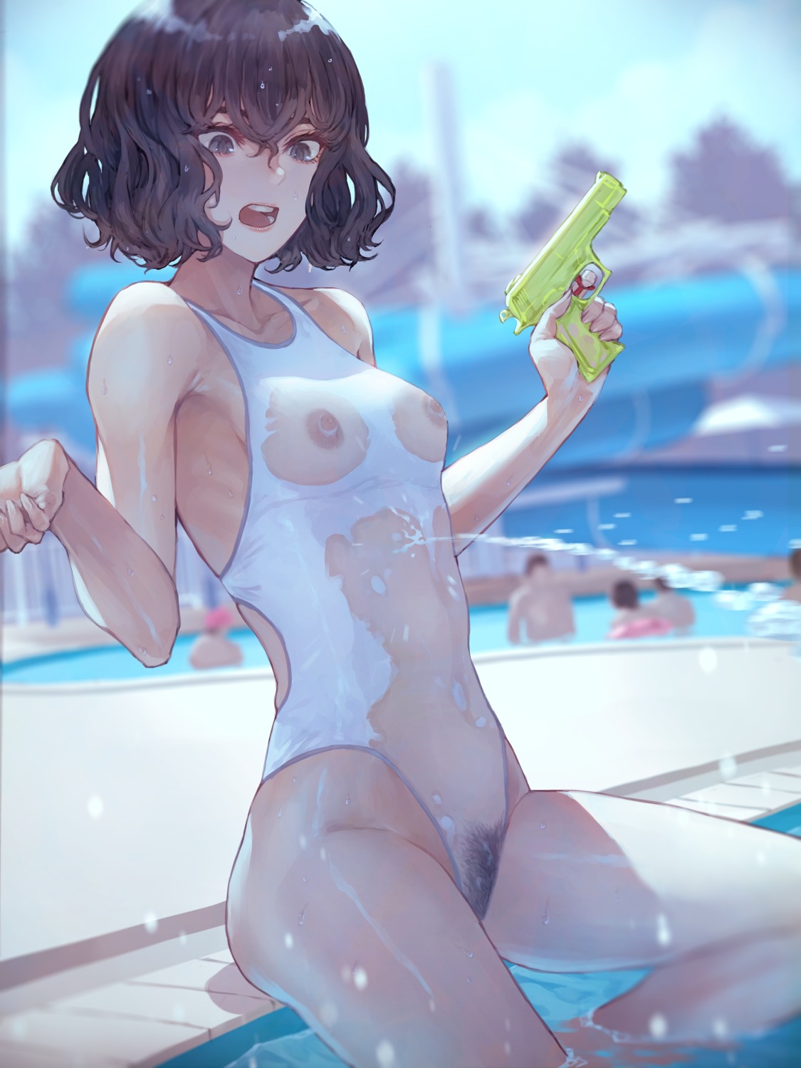 gun kaoming nipples pubic_hair see_through swimsuits wet wet_clothes