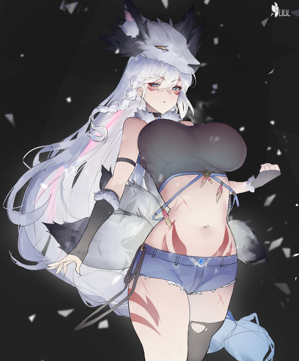 animal_ears kitsune lilil tail tattoo thighhighs torn_clothes