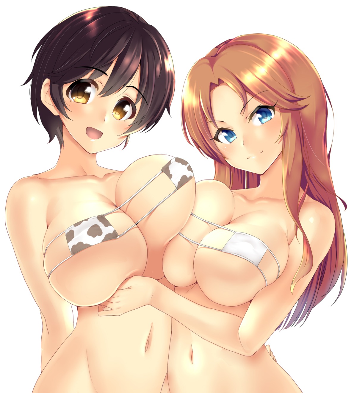 bikini_top bottomless breast_hold erect_nipples kon5283 matsumoto_sarina oikawa_shizuku swimsuits the_idolm@ster the_idolm@ster_cinderella_girls