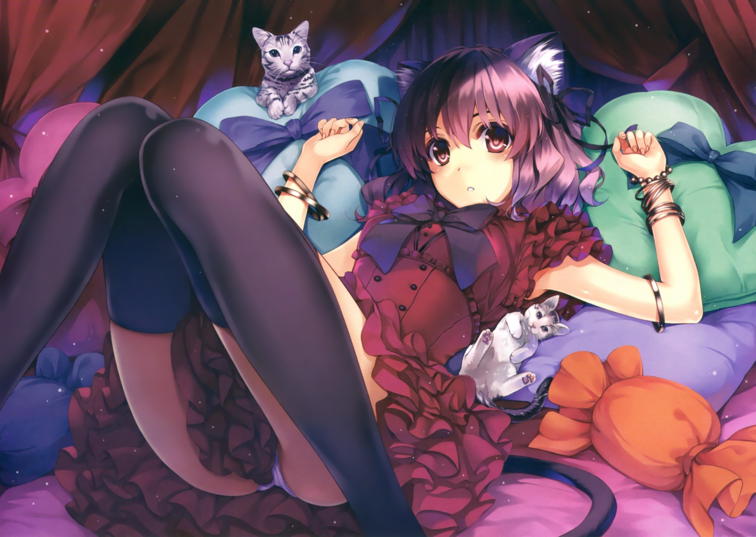 animal_ears dress misaki_kurehito neko nekomimi pantsu skirt_lift tail thighhighs