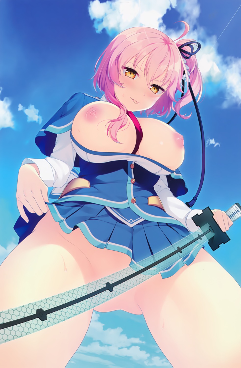 breasts crystalia gijang katana_(series) nipples no_bra nopan open_shirt seifuku shinonome_ruri shiraha_kirameku_koi_shirabe skirt_lift sword