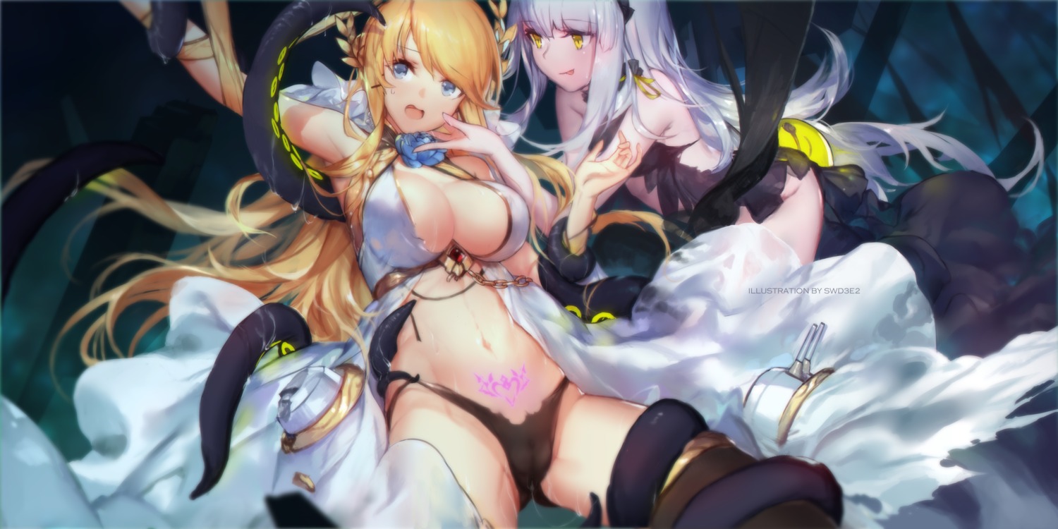 azur_lane bondage cameltoe no_bra observer_(azur_lane) official_watermark open_shirt pantsu swd3e2 tattoo tentacles thighhighs torn_clothes victorious_(azur_lane) yuri