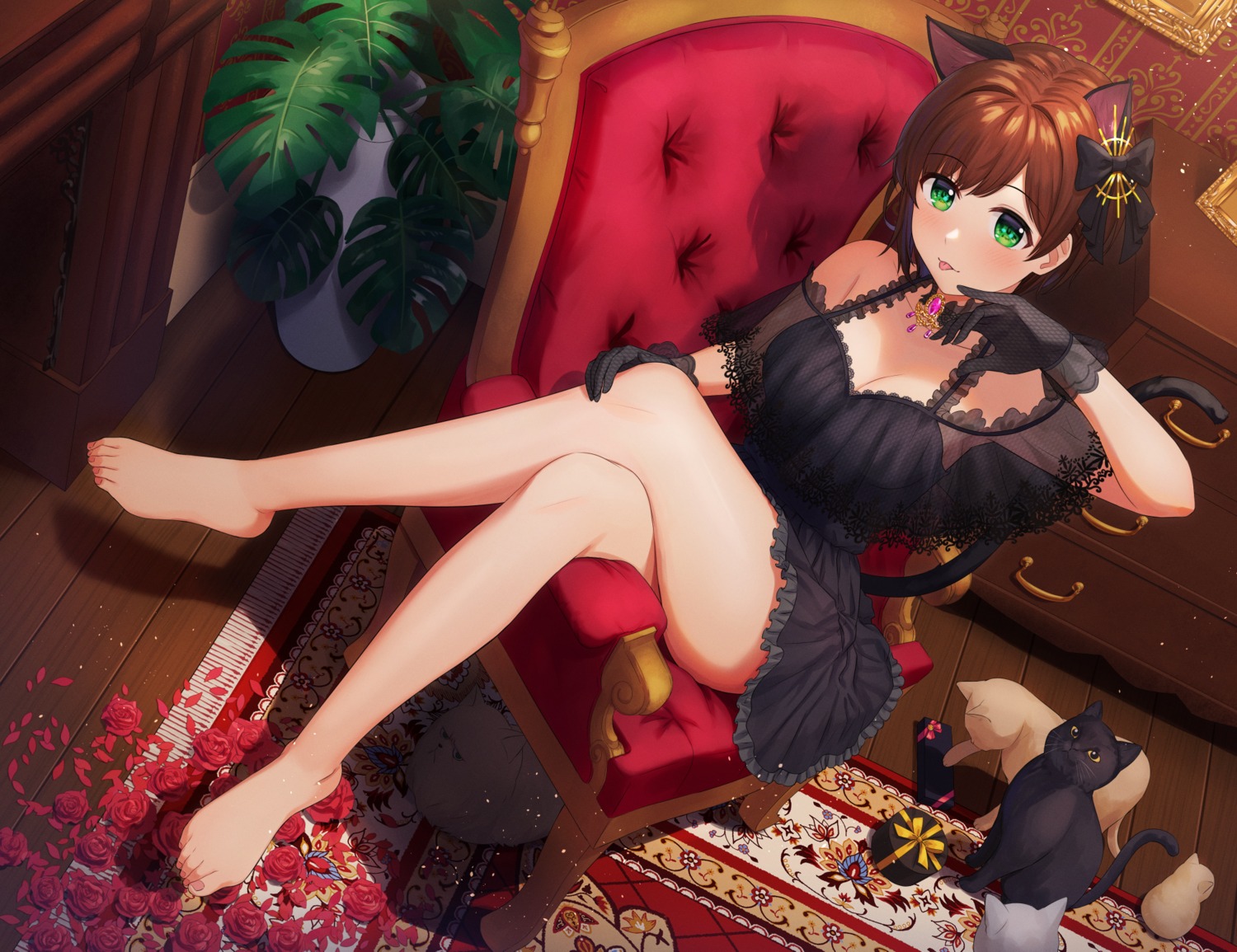 animal_ears cleavage dress feet kurageso maekawa_miku neko nekomimi skirt_lift tail the_idolm@ster the_idolm@ster_cinderella_girls