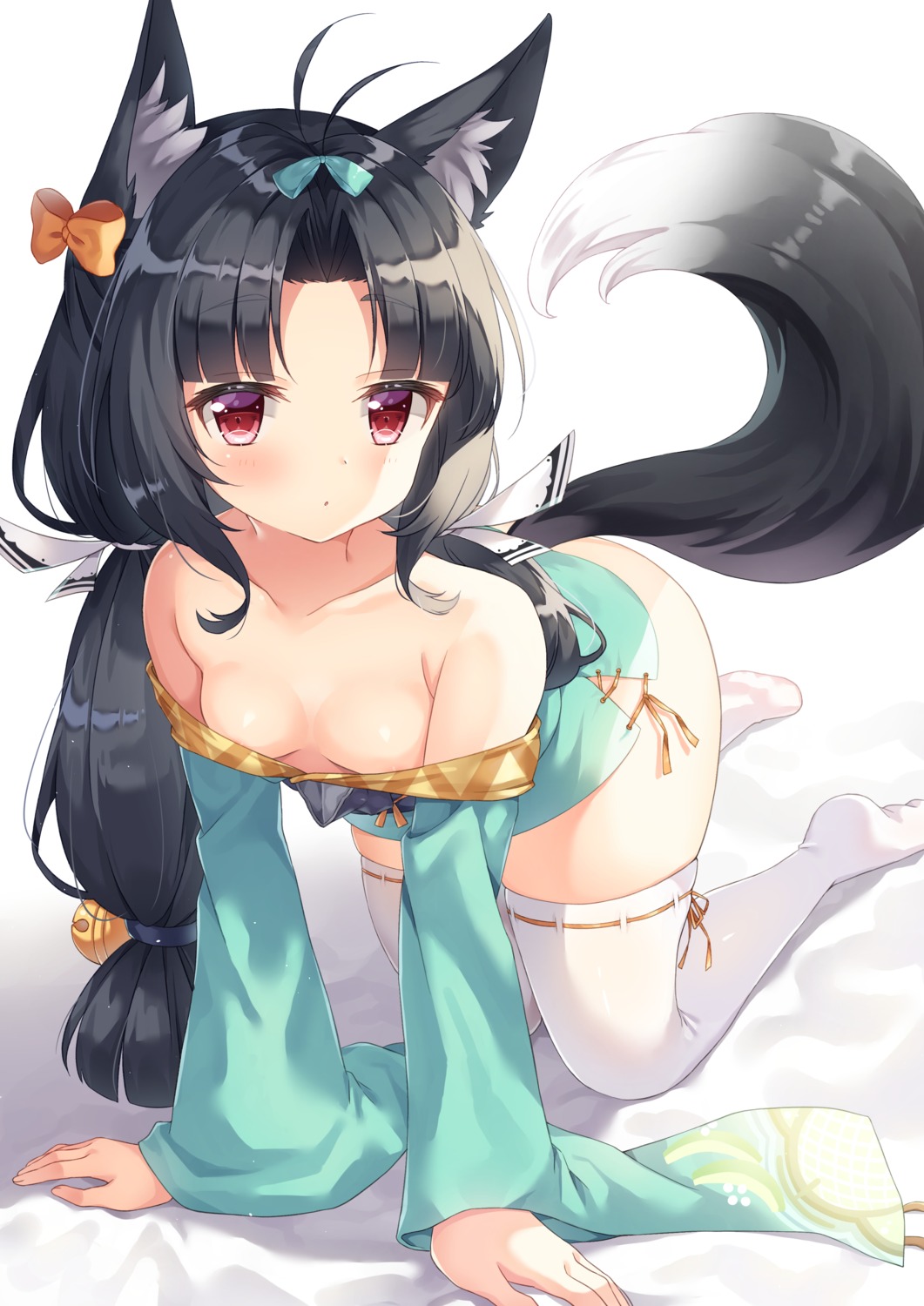 animal_ears areola azur_lane japanese_clothes no_bra nopan open_shirt siooooono tail thighhighs yuubari_(azur_lane)