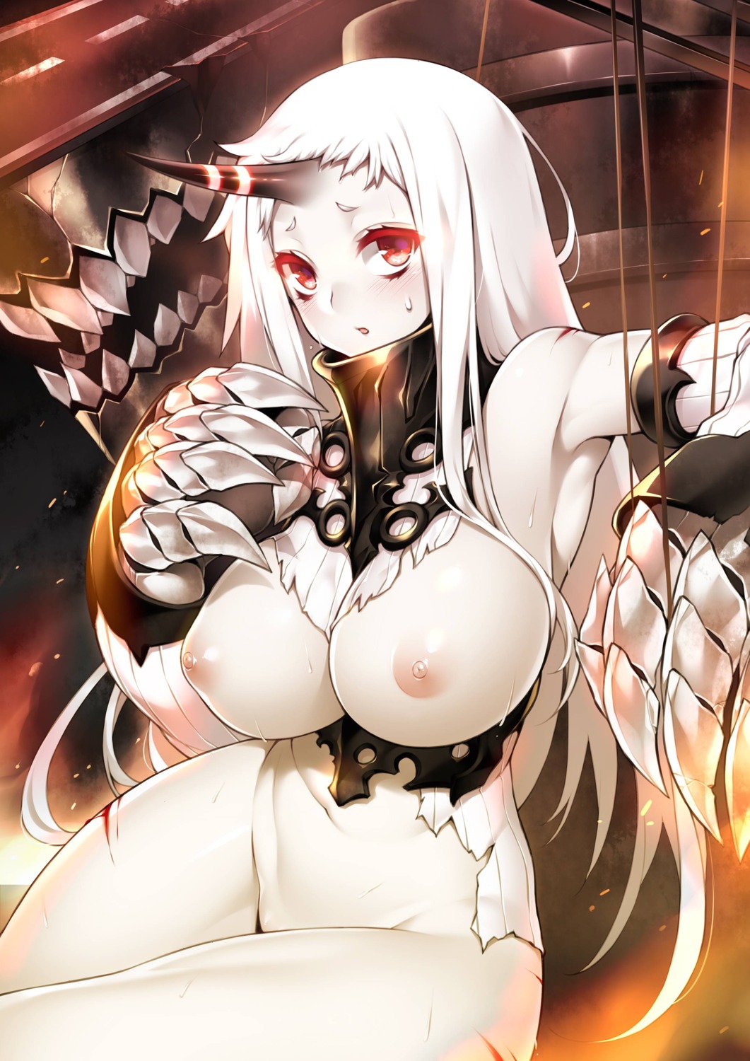 armor blood bottomless breasts fuya_(tempupupu) horns kantai_collection monster nipples no_bra seaport_hime torn_clothes