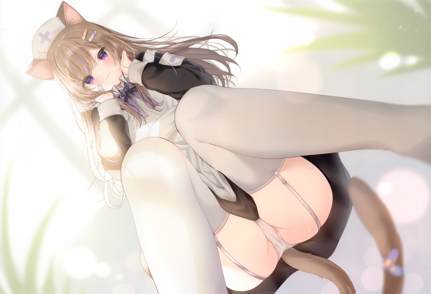 animal_ears cameltoe cropped leo mafuyu_(chibi21) nekomimi nurse pantsu salmon skirt_lift stockings tail thighhighs