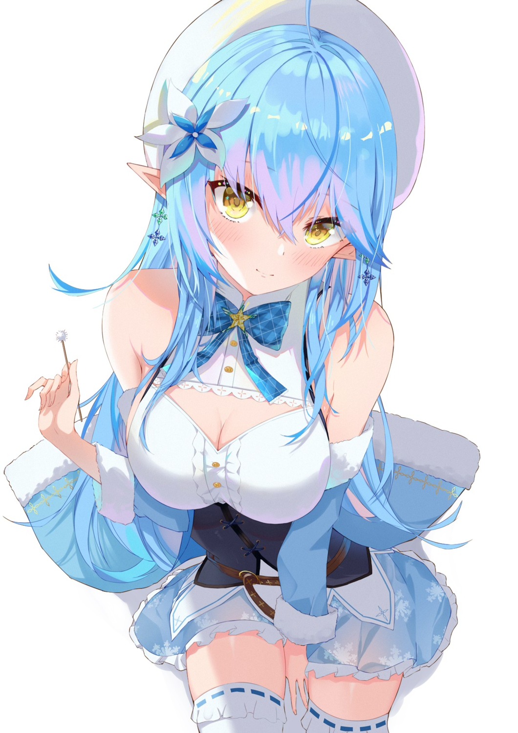 bsmycc cleavage elf hololive no_bra pointy_ears see_through skirt_lift thighhighs yukihana_lamy