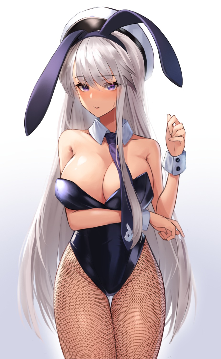 animal_ears azur_lane breast_hold bunny_ears bunny_girl enterprise_(azur_lane) fishnets lordol no_bra pantyhose