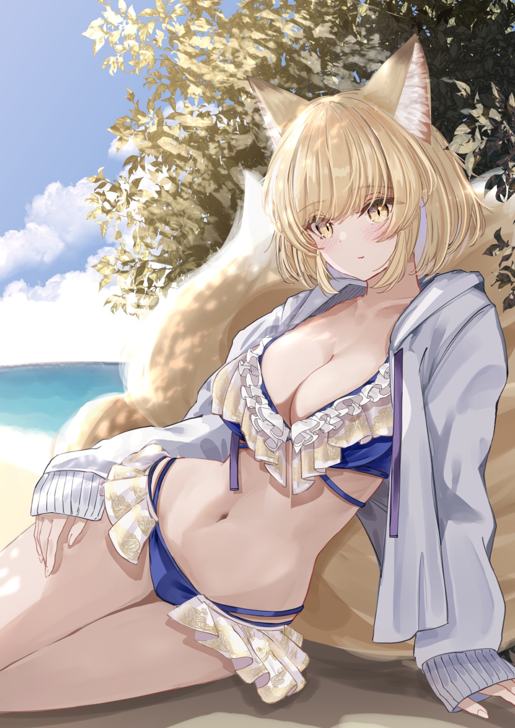 animal_ears bikini kitsune open_shirt sarasadou_dan swimsuits touhou yakumo_ran