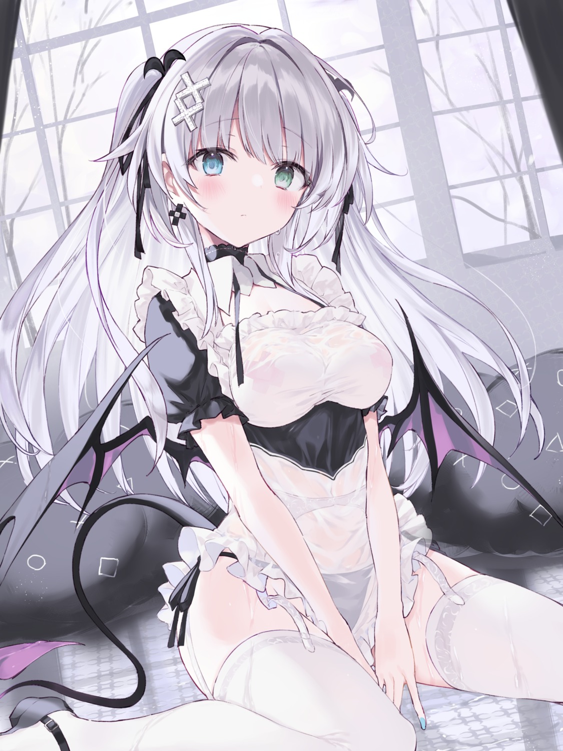 bandaid devil garter_belt heterochromia maid nana_(luna_berry) no_bra pantsu pasties see_through stockings string_panties tail thighhighs wet wet_clothes wings