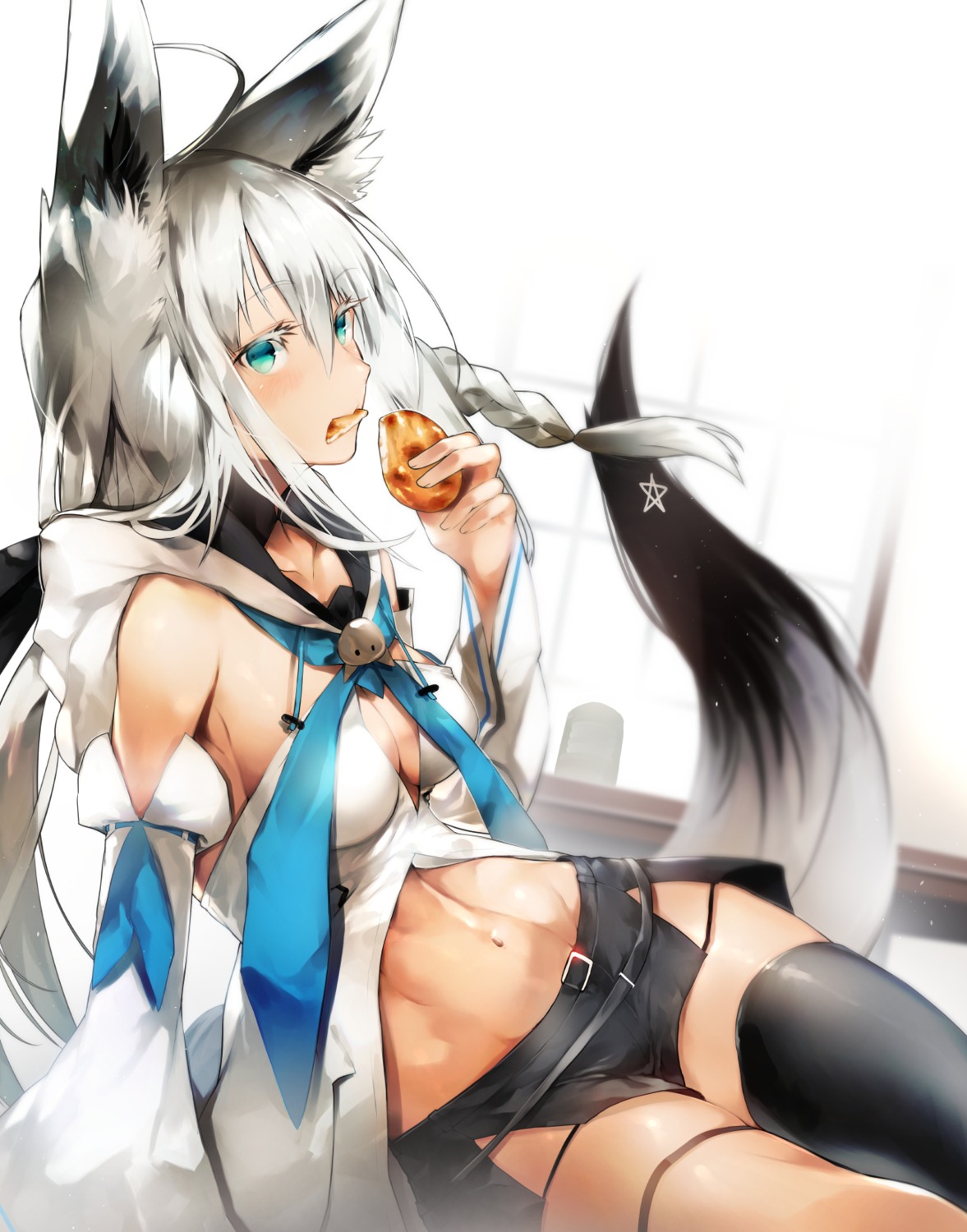 animal_ears cleavage garter hololive hololive_gamers kitsune nishiide_kengorou no_bra shirakami_fubuki tail thighhighs