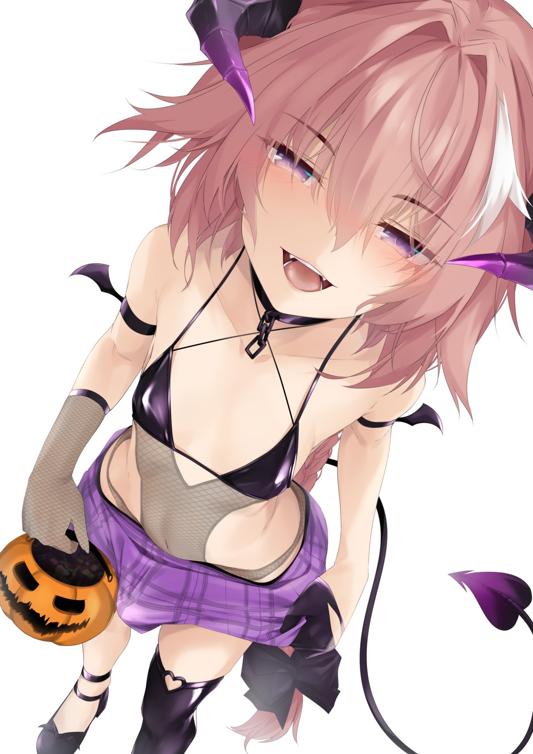 astolfo_(fate) bikini bikini_top fate/grand_order fishnets halloween horns kana616 swimsuits tail thighhighs trap wings