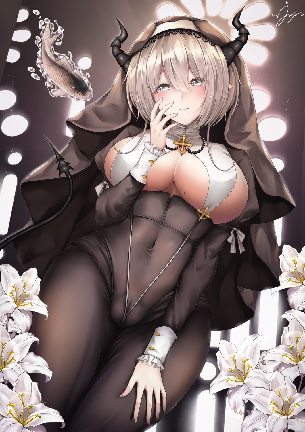 cameltoe devil horns no_bra nun pantyhose pointy_ears tail yanyanzi