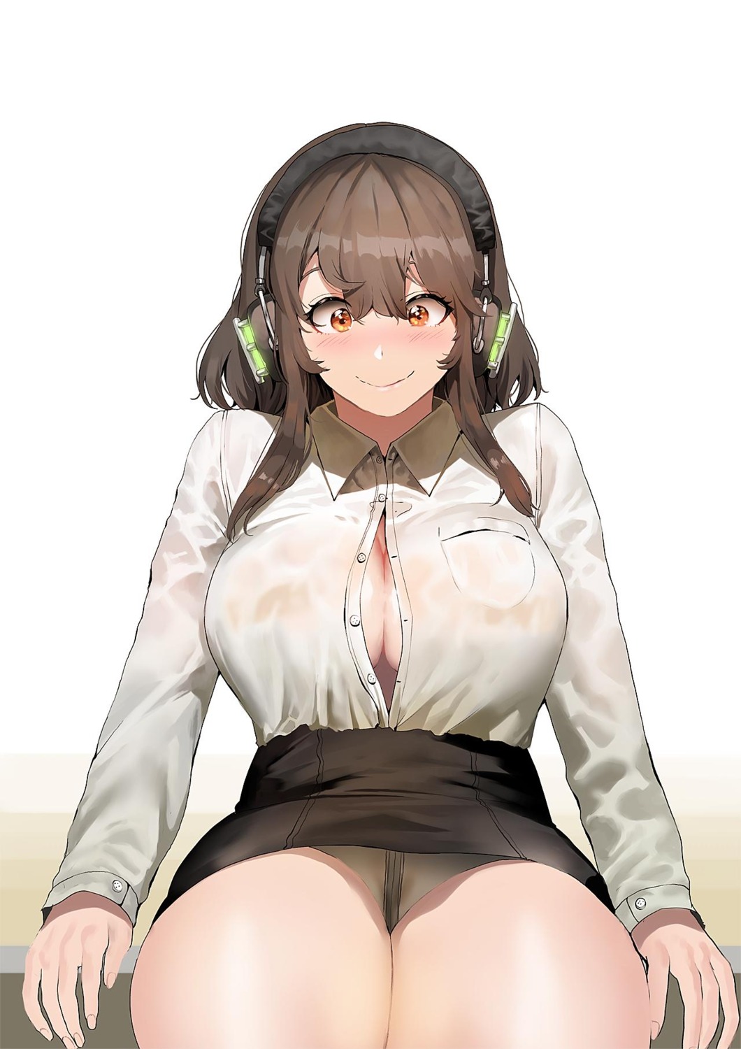 headphones ihobus no_bra open_shirt pantsu see_through thong