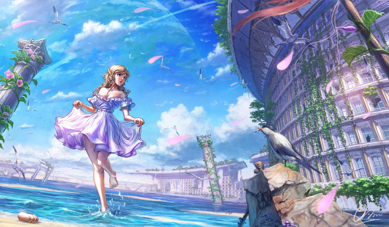 cleavage dress landscape shiki_makoto skirt_lift wet