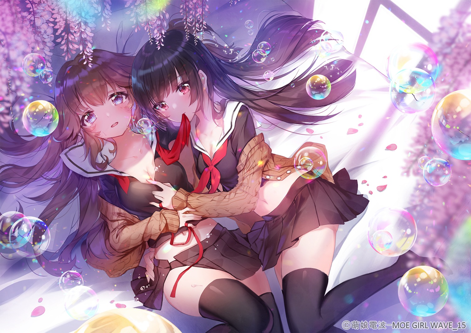 apple_caramel cleavage open_shirt seifuku sweater thighhighs yuri