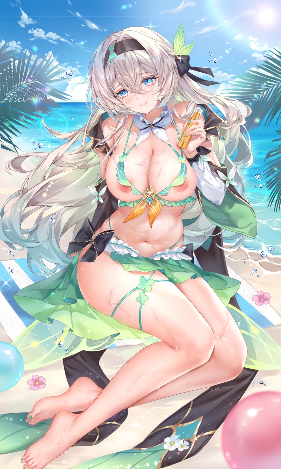 areola bikini firefly garter honkai:_star_rail melailai nipple_slip skirt_lift swimsuits wet